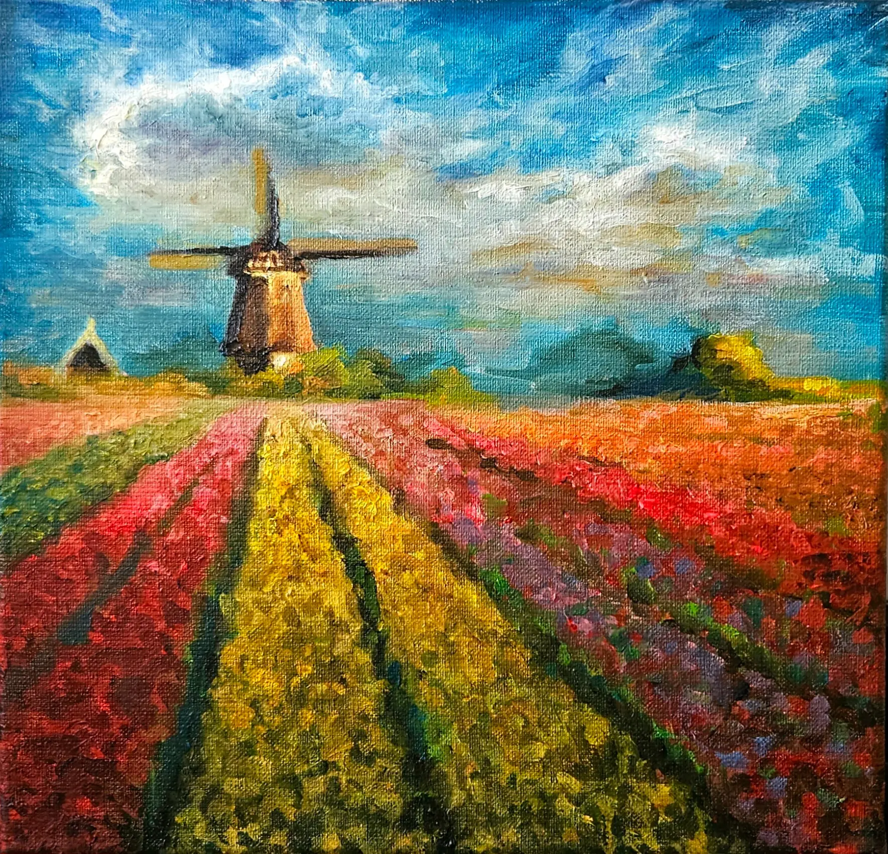 Ambience, original painting of a windmill and flower fields by Isabel Fine Art