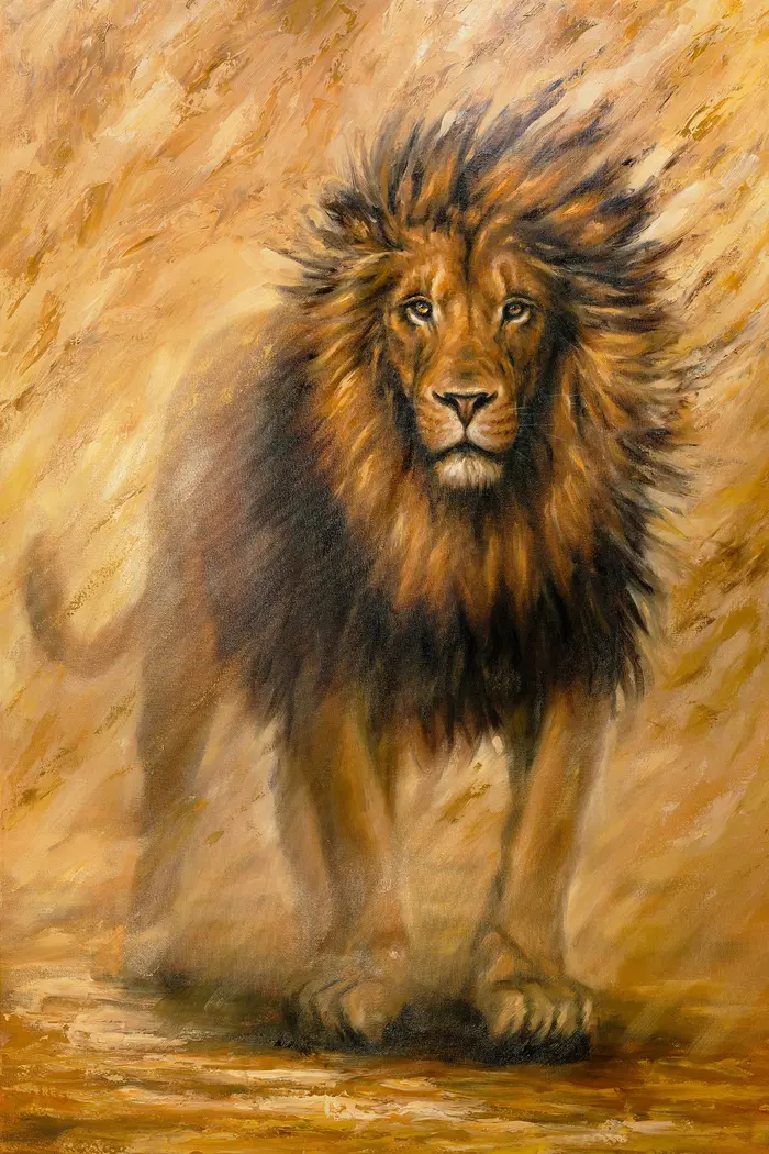 Brave, original lion painting in warm golden tones by Isabel Fine Art