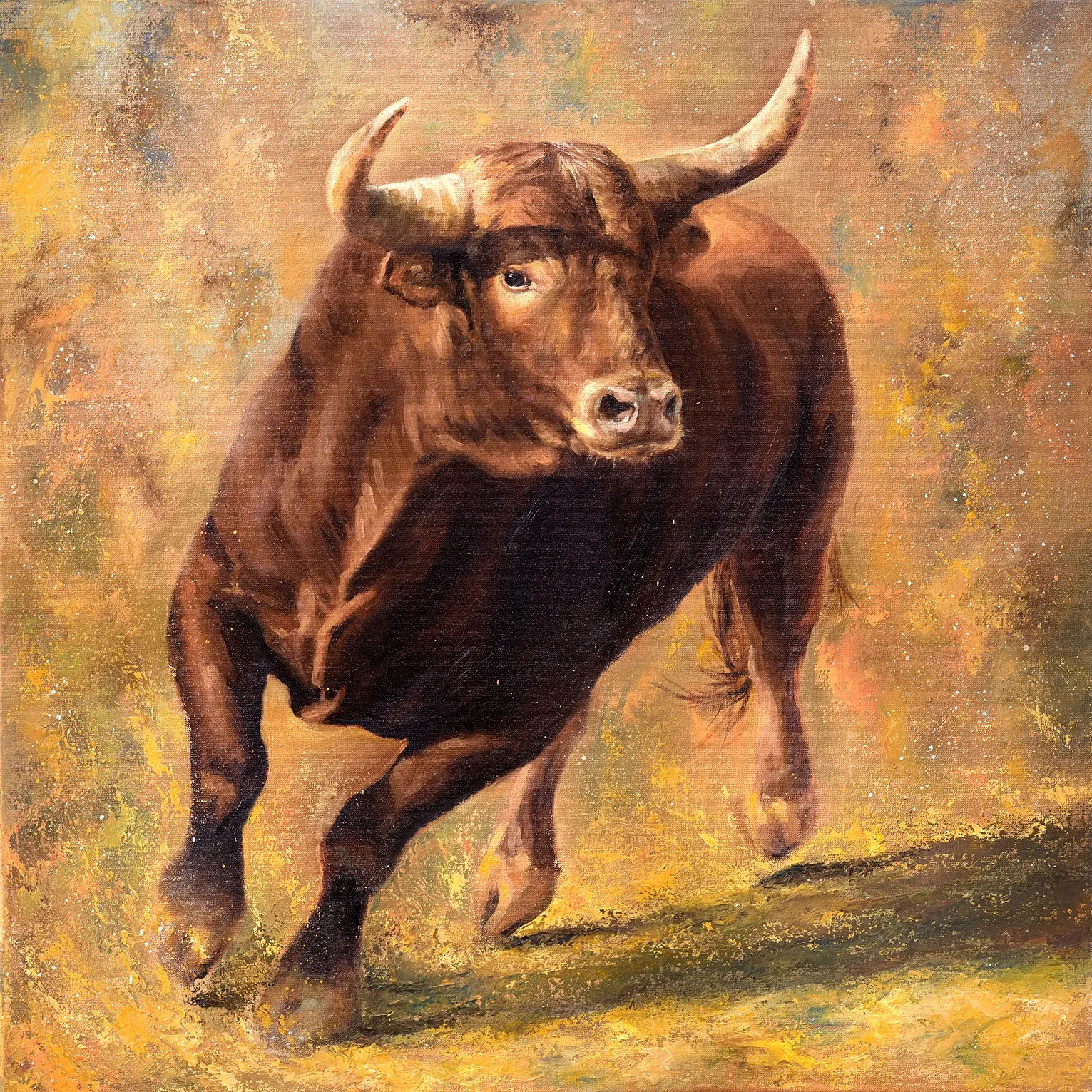 Earthbound, original bull painting in deep brown and sunlit ochre by Isabel Fine Art