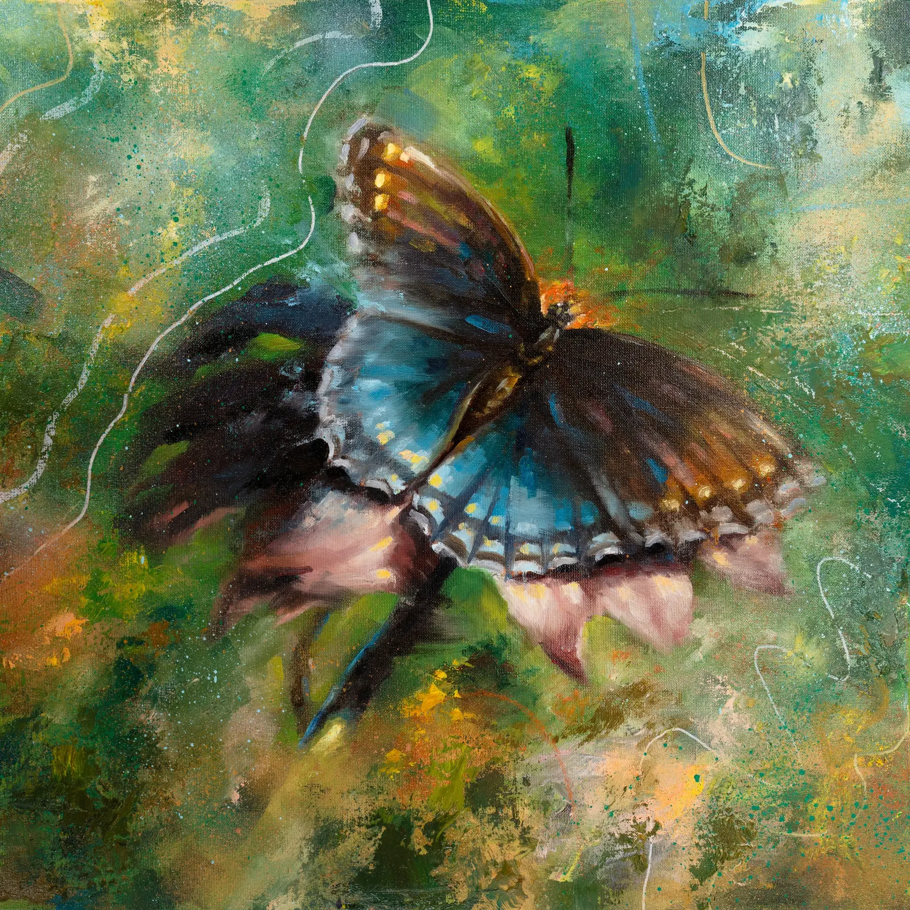 Summer, original butterfly painting in layered green and turquoise tones by Isabel Fine Art