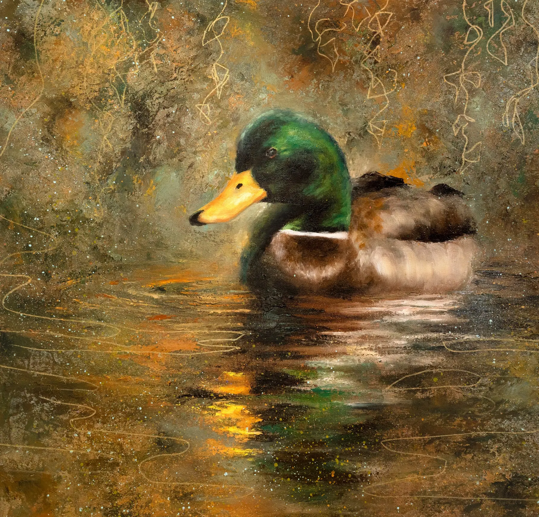 Golden Waters, original mallard painting in warm ochre water by Isabel Fine Art