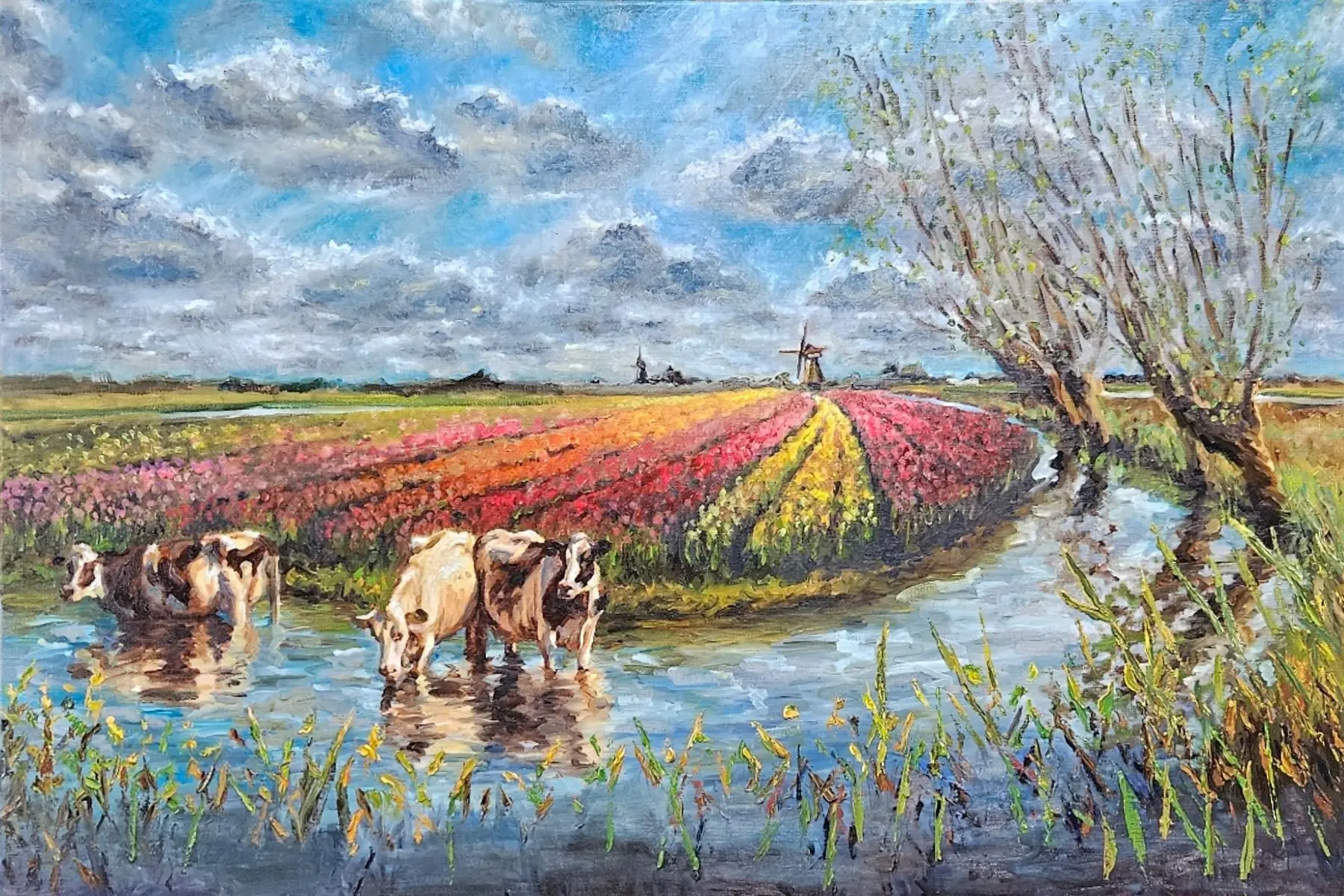 Dutch Horizon, original painting of cows, flower fields and windmills by Isabel Fine Art