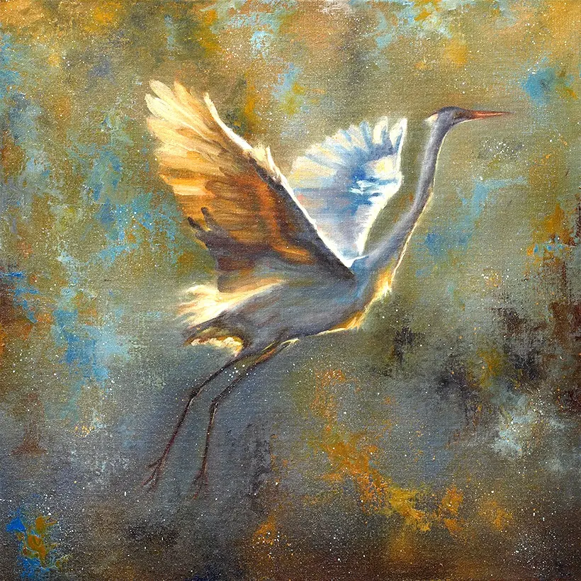 Taking Flight, original crane painting in warm light by Isabel Fine Art