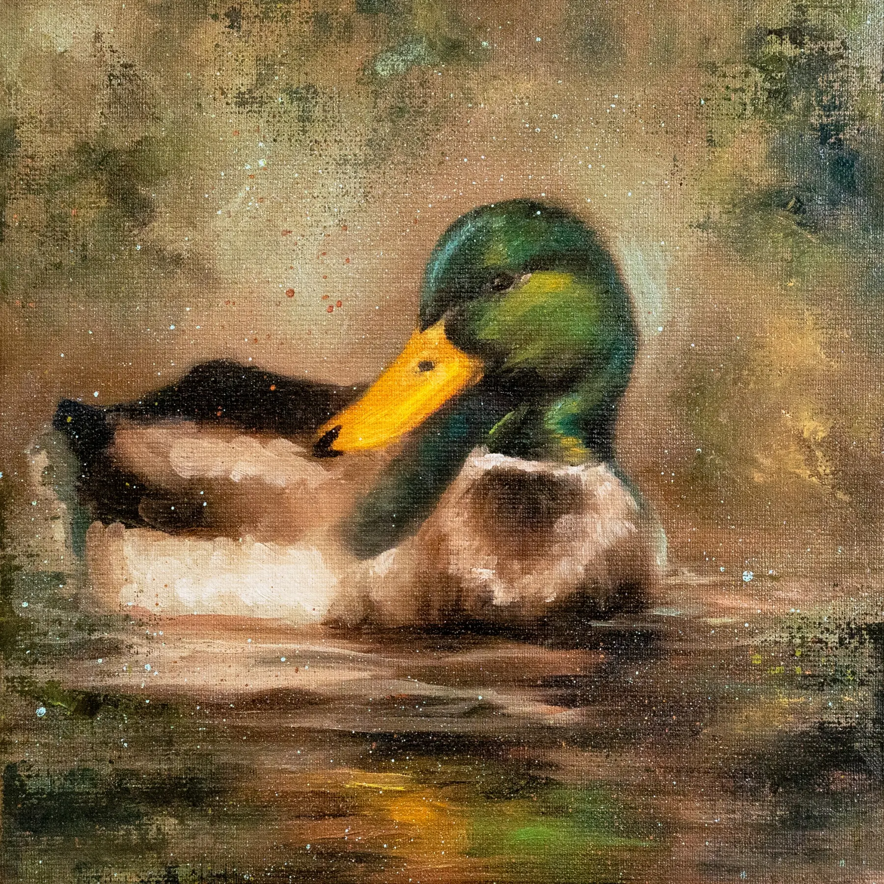 Quiet Water, original close-up mallard painting in muted earth tones by Isabel Fine Art