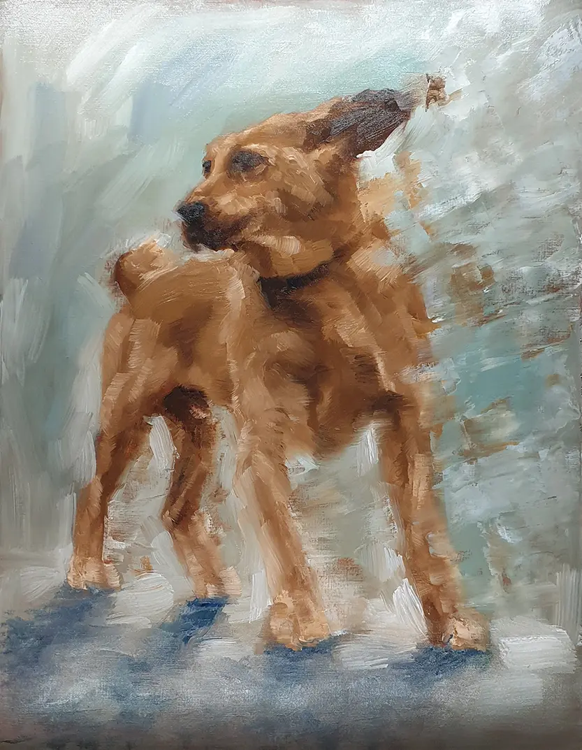 Playful, original puppy painting by Isabel Fine Art