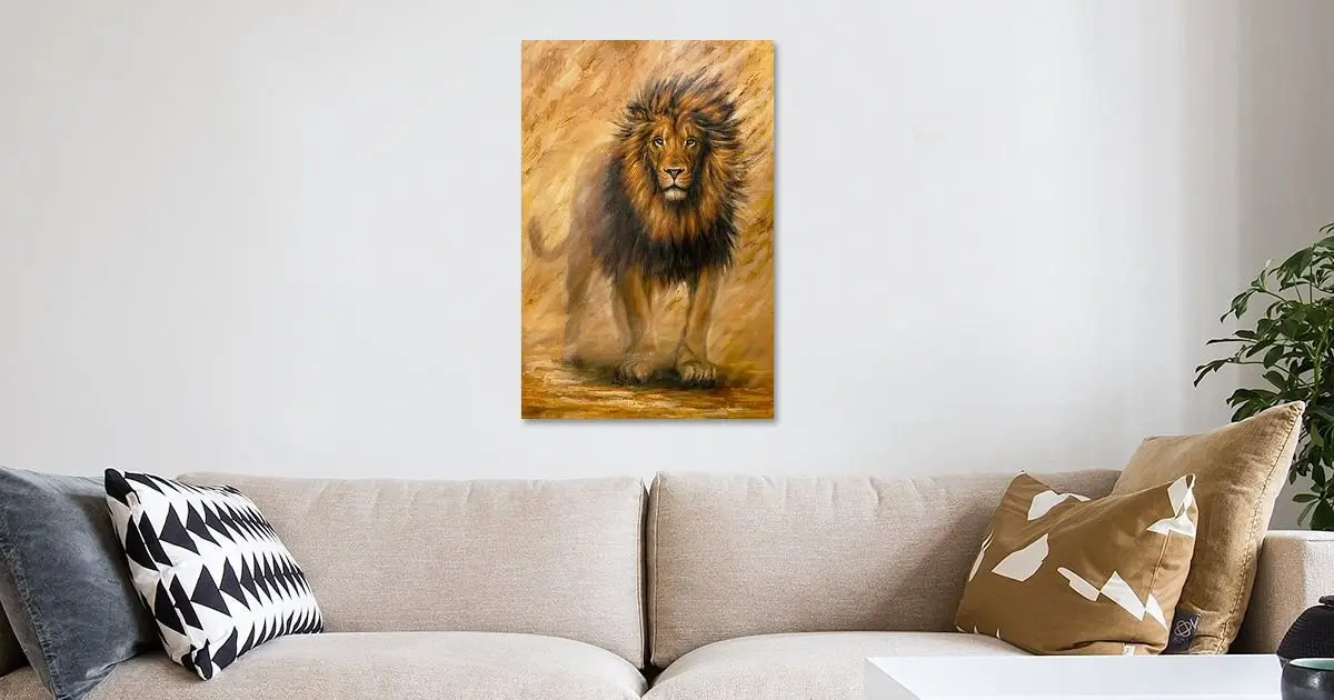 Lion artwork by Isabel Fine Art displayed above a sofa