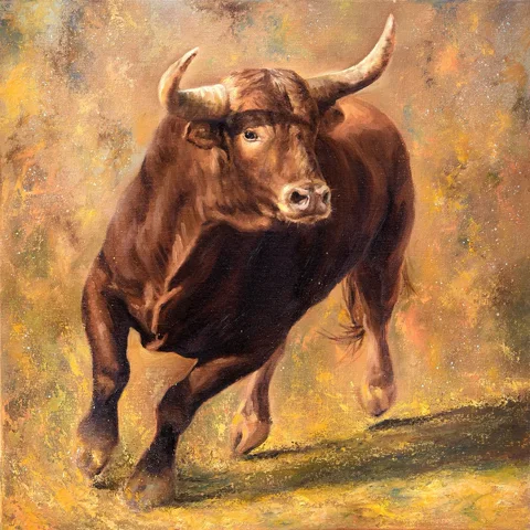 Earthbound, original bull painting in deep brown and sunlit ochre by Isabel Fine Art