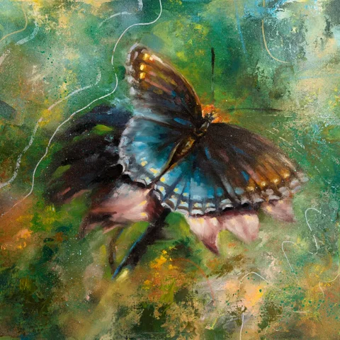 Summer, original butterfly painting in layered green and turquoise tones by Isabel Fine Art