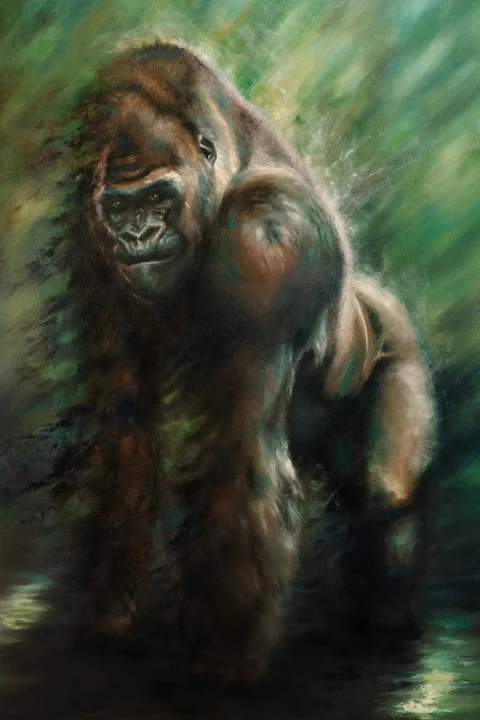 Silver Lining, original gorilla painting in deep forest green light by Isabel Fine Art