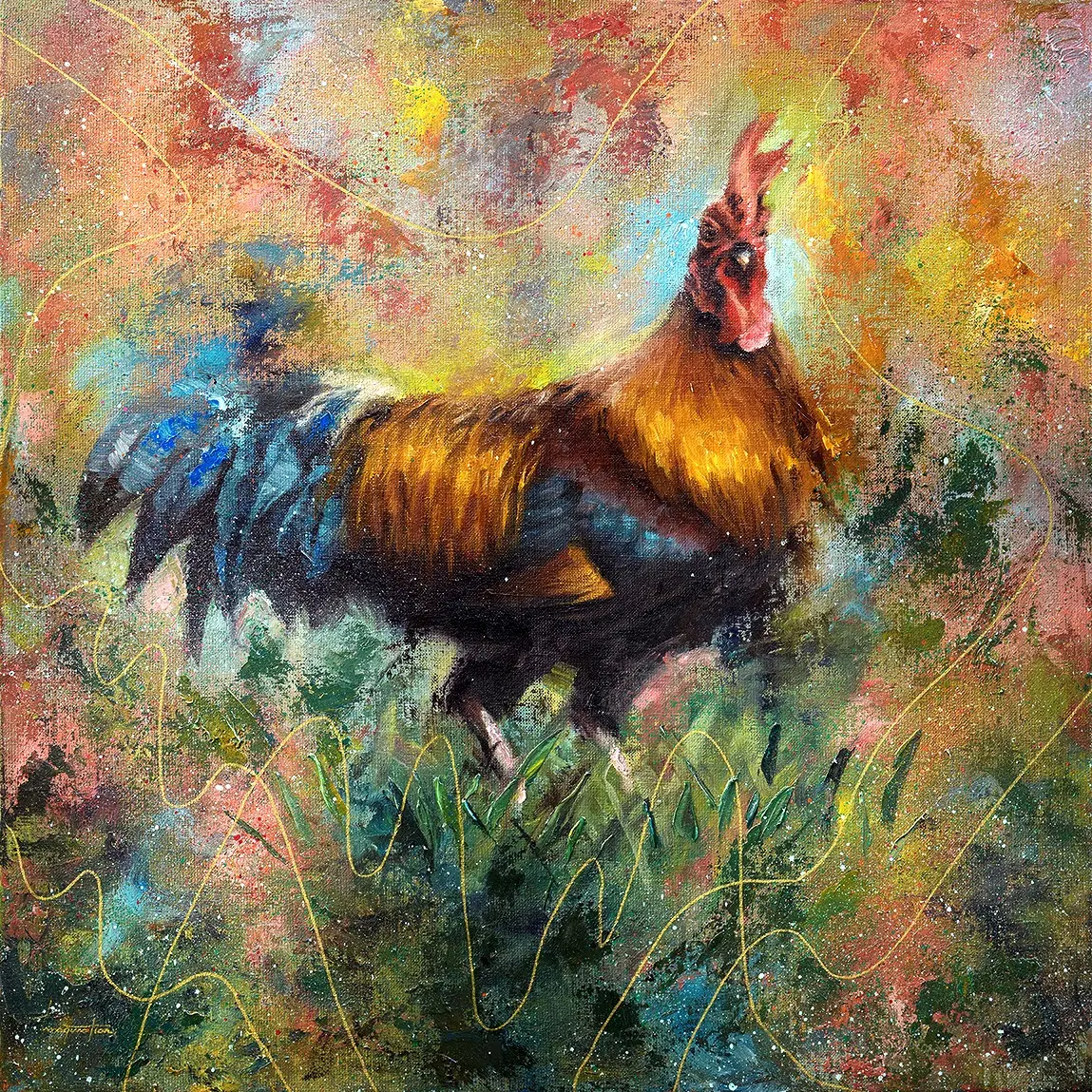 Pride, original rooster painting in coral, blue, ochre and green by Isabel Fine Art