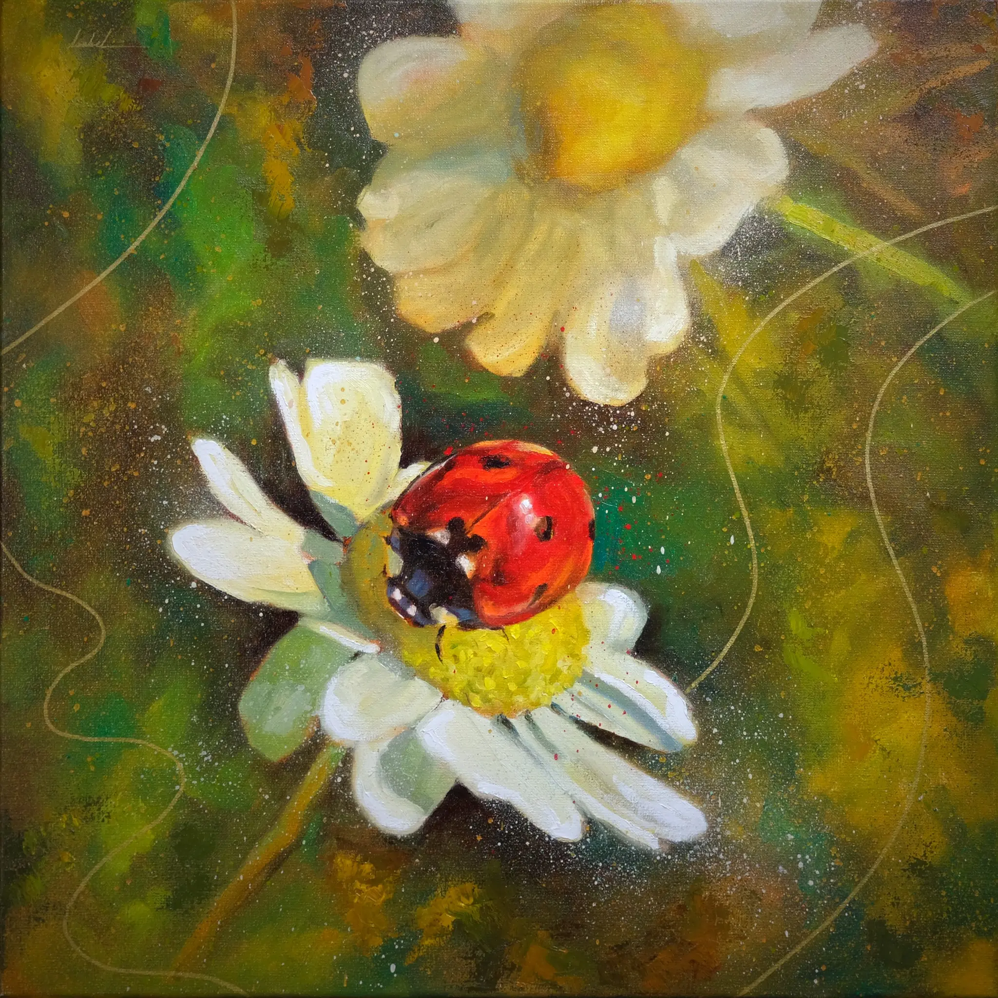 Spring, original painting of a ladybird on white flowers by Isabel Fine Art