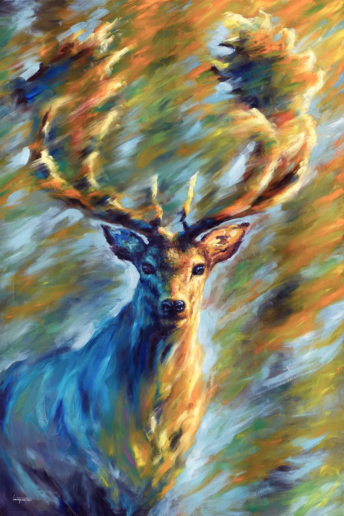 Between Seasons, original stag painting with blue and orange brushstrokes by Isabel Fine Art