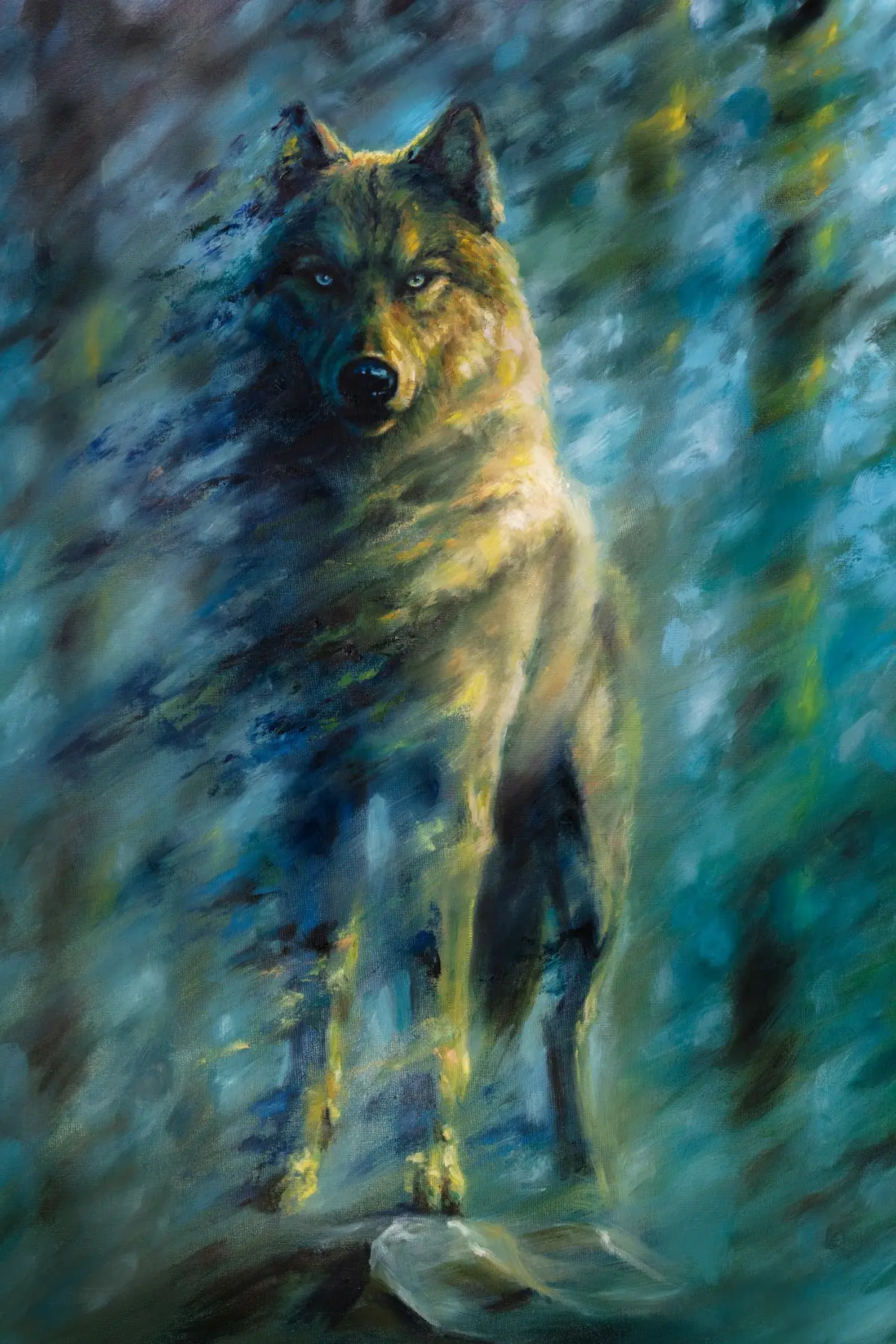 Blue Hour, original wolf painting in blue, teal and golden light by Isabel Fine Art